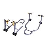 SwitZer Motorcycle Head Lift Stand Rear & Front Paddock Stand Set Adjustable Rubber Lift Service Race Dept Motorbike L-Adapter Combo Pack Heavy Duty Hooks Grey