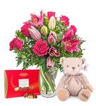 Rose and Lily With Chocolates and Bear - Fresh Cut Flowers - BIrthday Gifts – Gifts For Mum – Birthday Flowers – Thank you Flowers - Flowers - Next Day Flowers
