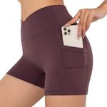 Darkterror Workout Shorts Women Spandex High Crossover Waist Gym Athletic Yoga Running with Pockets, Burgundy, Small