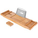 VIVOHOME Expandable 43 Inch Bamboo Bathtub Caddy Tray with Smartphone Tablet Book Holders, Soap Tray, Wine Glass Slot