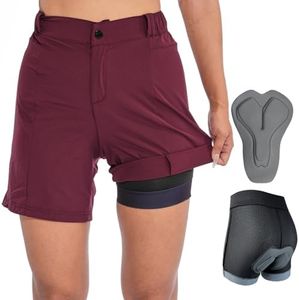Womens Mountain Bike Shorts 2 in 1 Padded Cycling Women Biking Underwear with Padding Riding Bicycle Shorts Zipper Pocket Burgundy