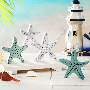 Qunclay 3 Pcs Wooden Table Decor Beach Block Sign Square Wood Sea Bouy Sand Dollar Starfish Sea Wave Boat Tiered Tray Decor Summer Coastal Farmhouse Decor for Home Office Bedroom(4 Pcs, Starfish)
