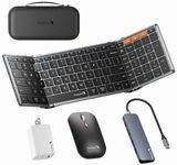 ProtoArc Foldable Keyboard and Mouse, XKM01 LX Portable Wireless Keyboard Mouse with 6-in-1 USB C Hub & 65W Wall Charger Set, Travel Business Essentials for Laptop MacBook iPad iPhone Tablets