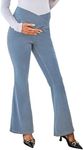 OUGES Womens Cotton Blend Stretchy V Cross High Waist Maternity Flare Jeans Bell Bottom Bootcut Jeans Pregnancy Must Haves Fall Clothes Trendy Denim Work Pants with Pockets 2025(Light Blue,L)