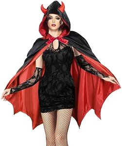 Disfraz Diablo Mujer, Capa con Capucha y Cuernos de Diablo, Capa Vampiro Halloween, Disfraces de Dracula Adulto para Fiestas de Halloween y Carnaval Cosplay