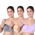 motherly Maternity Bra Padded Breastfeeding Nursing Bras for Women with Removable Pads (Medium, Grey+ Skin+ Violet)