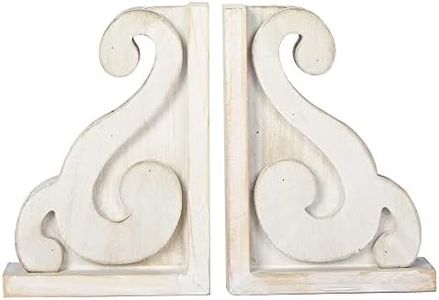 GENMOUS Rustic Distressed Vintage Scroll Corbel Bookends,Farmhouse Whitewashed Wood Decorative Bookends,Rustic Corbels Shelf Brackets,Shabby Chic Vintage Book Ends,Home Decoration and Gift,Set of 2.