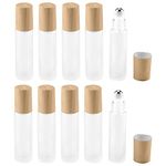 Glass Roll On Bottle with Bamboo Lid for Essential Oils, 10 Pack 10 ml Frosted Glass Roller Bottles, Refillable Clear Perfume Sample Bottles with Stainless Steel Roller Ball (Frosted Clear)