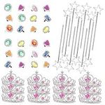 Neliblu Princess Costumes and Accessories for Girls - 12 Tiaras, 12 Star Wands, 24 Rhinestone Rings - Pretend Dress Up Jewellery Set for Fairy-Themed Birthday - Party Bag Fillers for Kids Ages 3