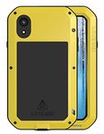 Full Body case for Apple iPhone XR, Liquid Silicone Rubber Outdoor Sports Shockproof Dust/Snow Proof, Heavy Duty Aluminum Metal Tempered Glass Cover Shell for iPhone Xr 6.1'' (Yellow)