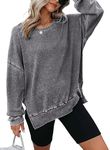 Dokotoo Women's Oversized Sweatshirt for Women Waffle Knit Casual Round Neck Teen Girl Sweatshirts Long Sleeve Solid Color Shirt Cozy Lightweight Loose Tops Grey X-Large