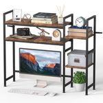 Desktop Bookshelf, Desktop Shelf Organizer, Computer Desktop Bookcase Multipurpose Wood Desk Hutch Bookshelf High-Capacity Desk Hutch Organizer for Computer with Adjustable Shelf, Brown