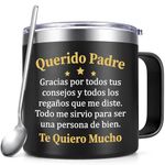 Qtencas Regalos Para Papa, Father's Day Gifts Día del Padre Coffee Mug with Spoon, Insulated Travel Coffee Mug for Día del Padre Regalosn, Regalos de Navidad y Cumpleaños Para Papá (14oz, Black)