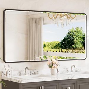 TETOTE Black Framed Bathroom Mirror 72" x 36" Large Beveled Edge Tempered Glass, Round Corner Rectangle Bathroom Mirror for Modern Bathroom, Living Room, Bedroom, Entryway