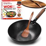 Gold Dragon Heritage Edition Carbon Steel Wok Pan with Lid | 12.5" Preseasoned Quality Wok Set | Traditional Stir Fry Pan | Round Flat Bottom Wok