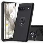 KOVASIA Google Pixel 7A Case with 2-Pack Tempered Glass Screen Protector, 360° Rotating Metal Ring Stand Anti-Scratch Shockproof Phone Cover 3 in 1 Phone Case for Google Pixel 7A 5G 6.1", Black