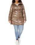 Calvin Klein Women's Chevron Packable Down Jacket (Standard and Plus) Down Alternative Outerwear Coat, Hooded Glossy Shine Taupe, S