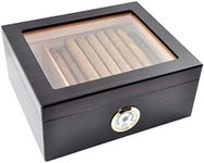 DUCIHBA Desktop Humidor Case Holds 25-50 Cigar, Tempered Glass Top Display, Handcraft Spanish Cedar Wood Storage Box with Divider, Humidifier and Hygrometer, Ebony Black Finish