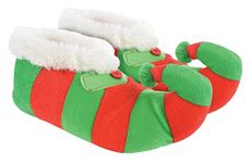 Novelty Childrens Christmas Elf Slippers | Funky Fleece Linied Red & Green Striped Xmas Slippers for Kids (L, Red & Green, large)