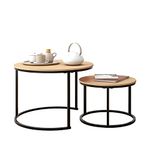 HOJINLINERO Industrial Round Coffee Table Set of 2 End Tables for Living Room,Stacking Side Tables, Sturdy and Easy Assembly, Wood Look Accent Furniture with Metal Frame (Black+Teak OAKDK)