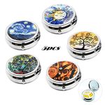 5Pcs Elegant Round Pill Box Case for Purse Pocket, AUHOTA Portable Metal Medicine Tablet Holder Organizer Container with 3 Compartments for Travel Handbag Gift (45mm, 5Styles)