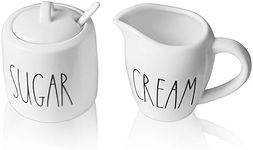 Sugar and Creamer Set, Cream Container and Sugar Holder Set for Coffee Bar, Farmhouse Sugar Bowl with Lid and Spoon, Ceramic Sugar Dispenser and Creamer Pitcher Set for Countertop (White)