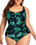 Daci Women Plus Size One Piece Swimsuits Tummy Control Vintage Ruched Bathing Suits Retro Swimwear, Green Leaves, 20 Plus