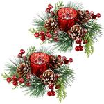 2 Set Candle Holder Centerpiece Christmas Glass Candle Holder with Artificial Snowy Pinecone Berry Candle Wreath Ring Christmas Candle Holder Decoration for Home Party Christmas Table Mantel