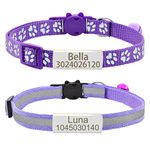 Senristar Personalised 2 Pack Reflective Cat Collar, Custom Breakaway Cat Collars with Name Tag and Bell, Anti-Lost Nameplate Cat Collar for Girls & Boys (Purple,fit 8''-11.0'')