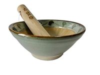 Made in Japan Mortar & Pestle (Suribachi & Surikogi) Set Authentic Mino Ware Pottery, Small 5.98 inches, Pale Blue-Green with Arabesque Pattern, M882-50