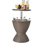 Giantex Cool Bar Table, 8 Gallon Beer and Wine Cooler, Rattan Style Patio Bar Tables, Height Adjustable, 3-in-1 Ice Cooler with Drainage Plug, Outdoor Cocktail Table for Deck Pool Party (Coffee)