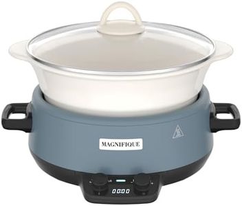 MAGNIFIQUE Small 5 Quart Round Casserole Programmable Slow Cooker with Glazed Ceramic Liner, Food Warmer Perfect Kitchen Small Appliance for Family Dinners, Blue