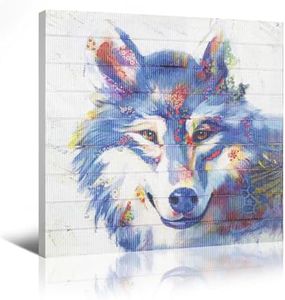 Wolf Wall Art Blue Animal Canvas Pictures Modern Ribbon Painting for Living Room Decor Handmade 3D Woven Textured Prints Artwork for Bedroom Home Office Kitchen Decoration 20" x 20"