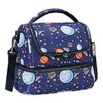 Cute Insulated Reusable Lunch Bag with Double Compartments, VINOWO Leakproof Cooler Lunch Bag with Adjustable Strap for Boys and Girls (Blue+Space)