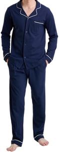 GIVEITPRO Cotton Jersey Knit Men's Long Button-Down Sleepwear Pajama Set, Navy, Medium