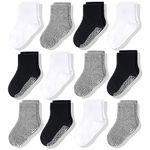 CozyWay Non Slip Baby Socks Toddler Socks 12 Pairs with Grip for Boys Girls Baby Infants Kids Anti Skid Cotton Crew Socks 3-5 Years