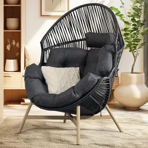 Bme Heavy Duty 500 Lbs Capacity Wicker Egg Chair for Outside & Indoor, UV 2000 Hours Material with Flame Retardant Tested Cushion, Durable Against Water, Weather, Black Base