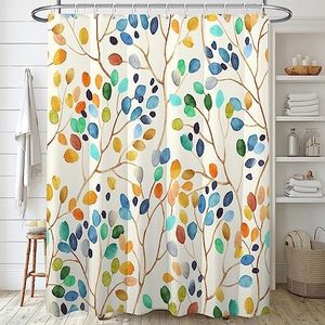 Decoreagy Colorful Leaves Spots on Branches Shower Curtain Sets,Abstract Ivory Color Background Bathroom Curtains,Modern Minimalist Bath Curtain, Waterproof Fabric with 12 Hooks 72x72 Inches