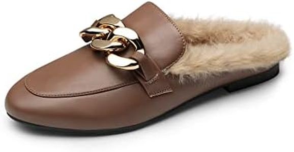 DREAM PAIRS Mules for Women Flats Shoes Comfortable Slip on Closed Toe Slides Loafers with Chain Backless Women’s Mules,Size 8,Brown-Fur,SDML2205W