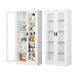 Yizosh Display Cabinet with Glass Doors,Metal Storage Cabinet with Lock& 4 Adjustable Shelves,Curio Cabinet,Bookcase Bookshelf with Doors,for Home, Office, Clinic, Pantry,White