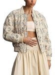 Hotexy Women's Embroidered Daisy Cropped Bomber Jacket Long Sleeve Zipper Down Coat Outerwear