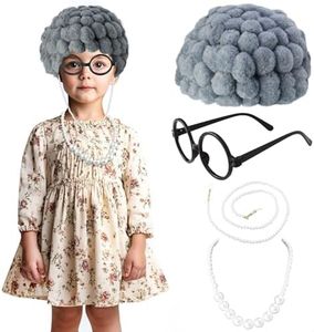 Keymall Kids Old Lady Costume Set Old Granny Wig Eyeglasses Chain Necklace for Halloween Costume 100th Day Of School Dress Up for Kids 3-8