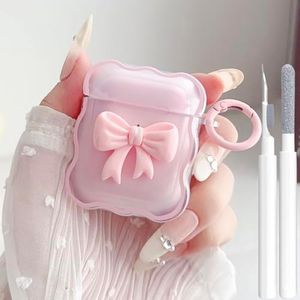 Cute AirPods 2/1 Generation Clear Case, Girly 3D Bow Design Soft TPU Protective Shockproof Kawaii Apple iPod 2nd/1st Generation Cover with Cleaner Kit & Keychain Girls Women - Pink Bow