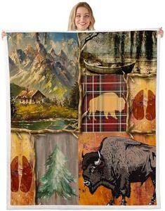 Feelyou Buffalo Sherpa Twin 60"x80" Wild American Bison Fleece Throw Blanket for Bed, Sofa, Couch - Kids 3D Wild Animal Rustic Lodge Cabin Farmhouse Plush Blanket Plaid Fuzzy Room Decor