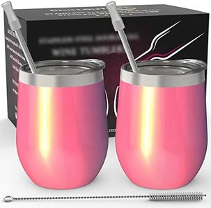 CHILLOUT LIFE Stainless Steel Stemless Wine Glass Tumbler 2 Pack Pink Sparkle 12 oz | Double Wall Vacuum Insulated Wine Tumbler with Lids Set of Two for Coffee, Wine, Cocktails, Ice Cream