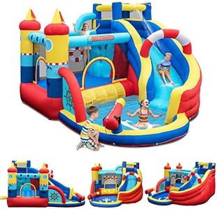 GOPLUS Château Gonflable Pirate,avec Toboggan,Pistolet à Eau et Trampoline,Piscine et Mur d'escalade, pour 3-4 Enfants 3-12 Ans Jusqu’à 120KG,360X290X200CM