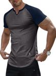 JMIERR Men's Muscle Slim Fit T-Shirt V Neck Patchwork Hipster Longline Henley Shirt Short Sleeve Gym Athletic Fitted Tees Shirts for Men, L