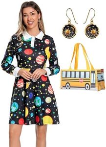 Leevuyu Women Miss Frizzle Dress Peter Pan Collar Magic School Bus Costume Galaxy Space Planet Halloween Dress Black Medium