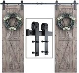 SMARTSTANDARD 8 ft J Shape Double Door Smoothly and Quietly Sliding Barn Door Hardware Kit with Installation Instruction (Fit 24" Wide Door Panel)