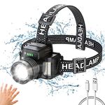 NIUAWASA Head Torch LED Headlamp Zoomable Motion Sensor Control 18000LM 24H Runtime Rechargeable Waterproof Headlights for Camping Fishing Hiking Reading Working